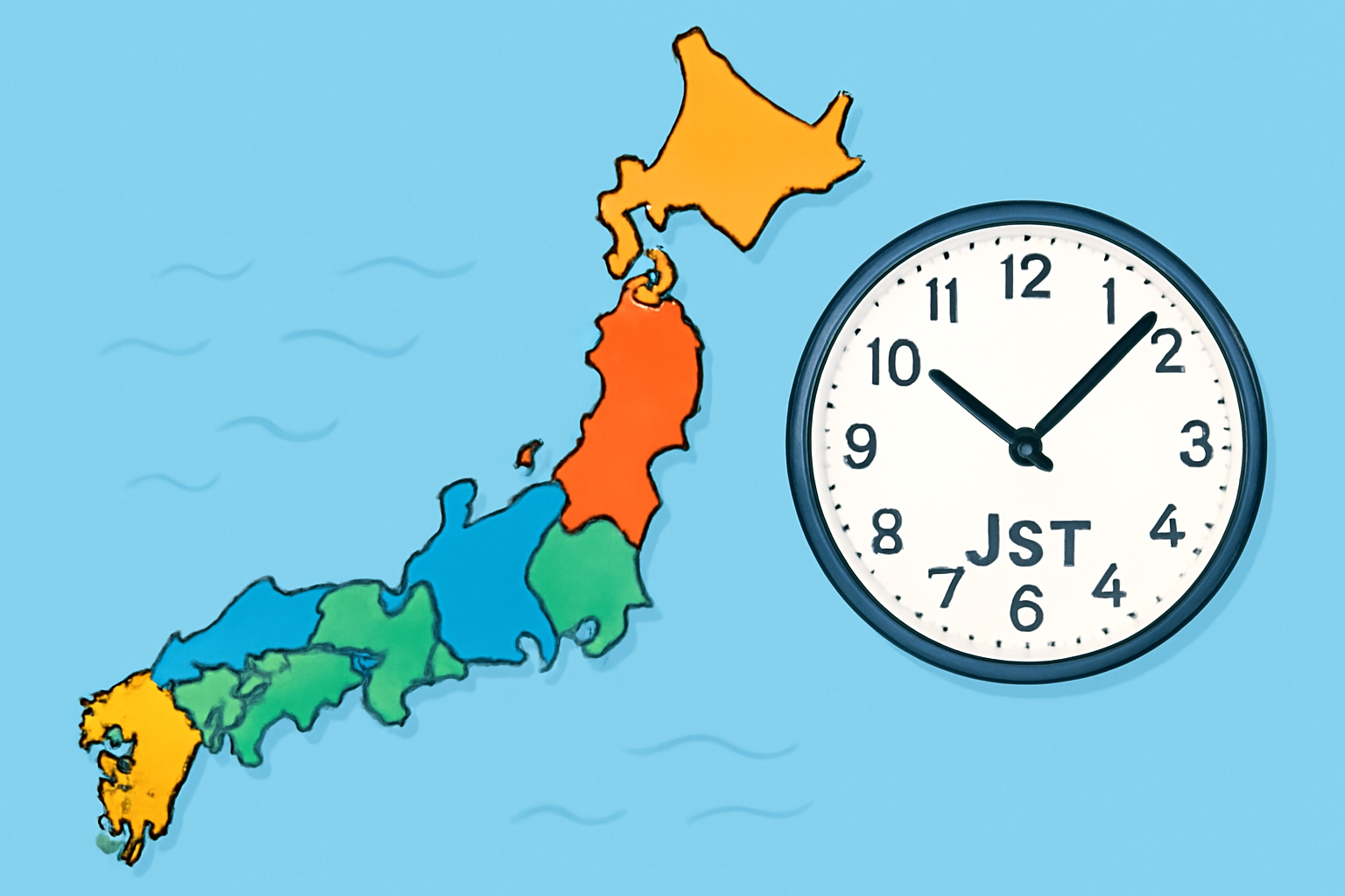Map showing Japan time zone and JST clock