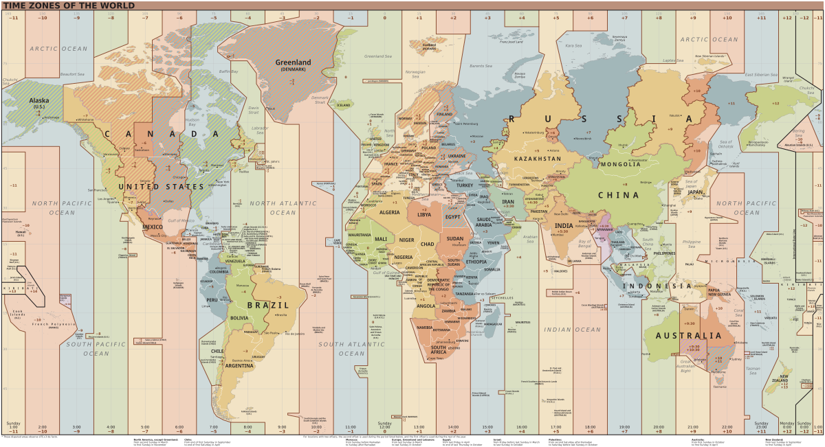 Global view of time zone differences, including Japan (UTC+9)